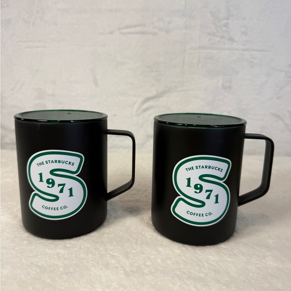 2 NWT Starbucks 1971 Stainless Steel Black Green White Travel Mug w/  Handle